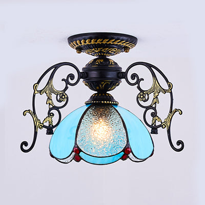 Plafonnier pétale traditionnel avec abat-jour en verre teinté, 1 diamant bleu clair/semi-encastré givré en noir/blanc