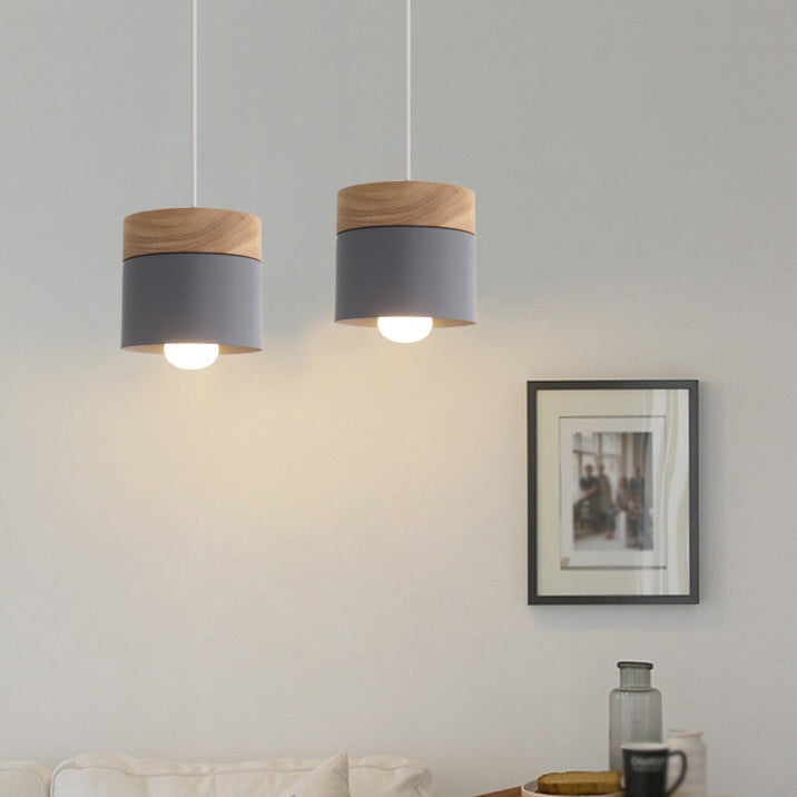 Wooden Cylindroid Pendant Light in Modern Artistic Style Iron Macaron Hanging Lamp for Dining Room