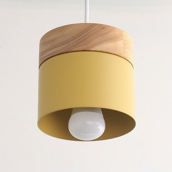 Wooden Cylindroid Pendant Light in Modern Artistic Style Iron Macaron Hanging Lamp for Dining Room