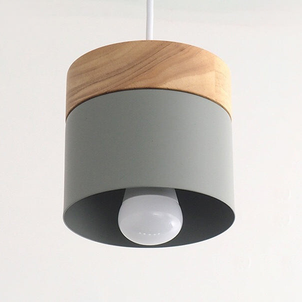 Wooden Cylindroid Pendant Light in Modern Artistic Style Iron Macaron Hanging Lamp for Dining Room