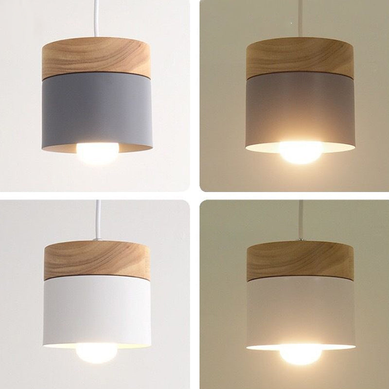 Wooden Cylindroid Pendant Light in Modern Artistic Style Iron Macaron Hanging Lamp for Dining Room