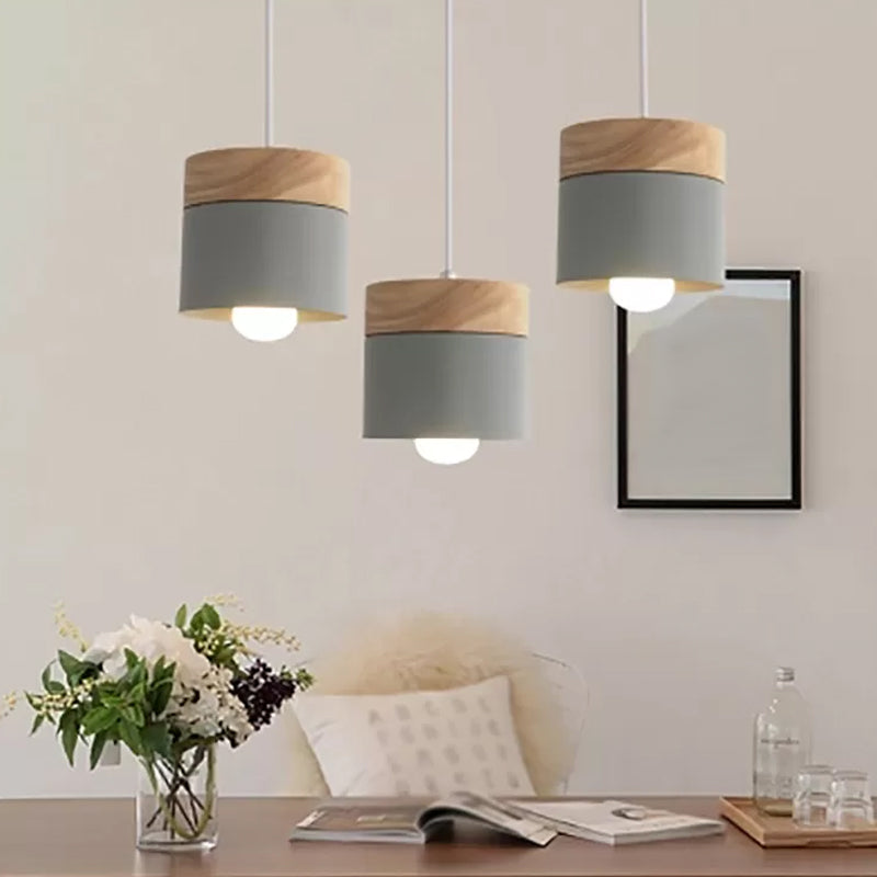 Wooden Cylindroid Pendant Light in Modern Artistic Style Iron Macaron Hanging Lamp for Dining Room