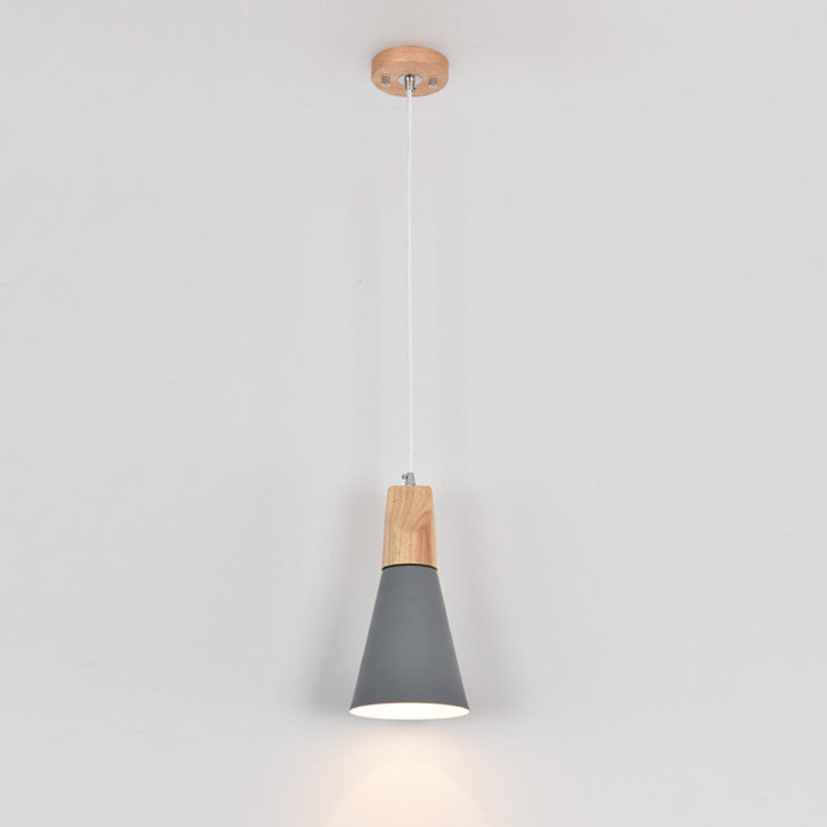 Modern Nordic Macaron Pendant Light Wooden Tapered Hanging Lamp with Wrought Iron Shade