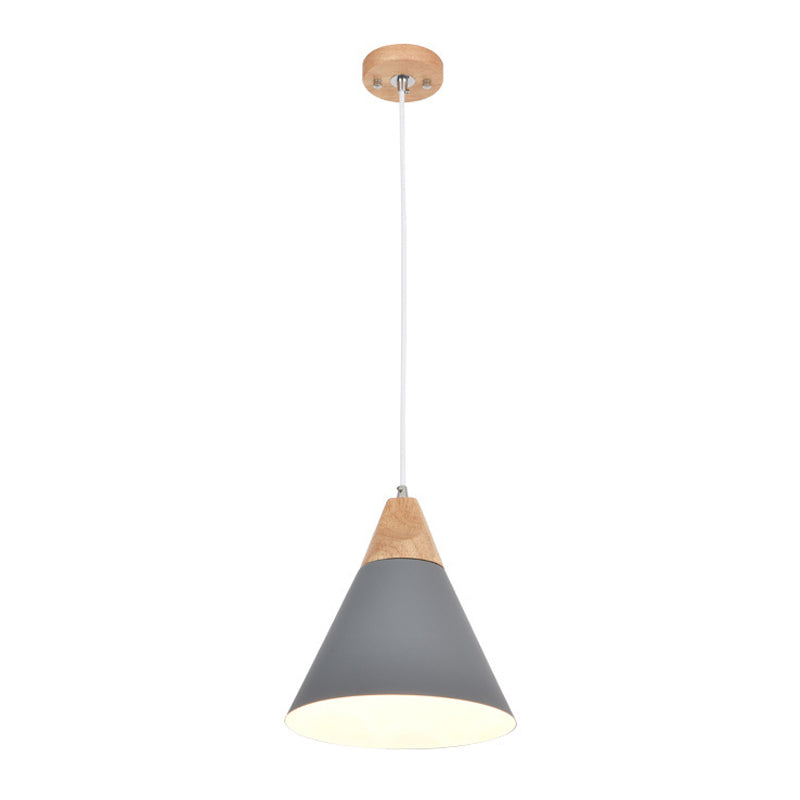 Modern Nordic Macaron Pendant Light Wooden Tapered Hanging Lamp with Wrought Iron Shade