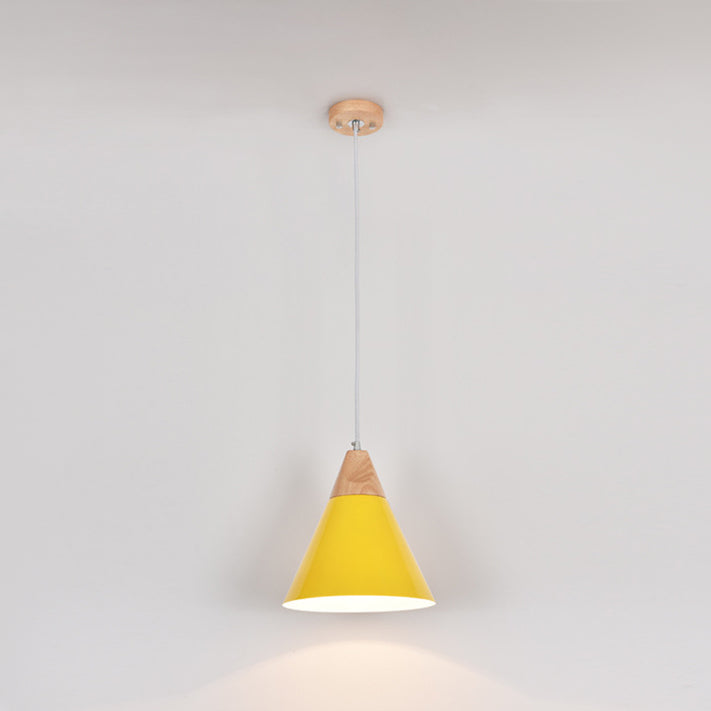 Modern Nordic Macaron Pendant Light Wooden Tapered Hanging Lamp with Wrought Iron Shade