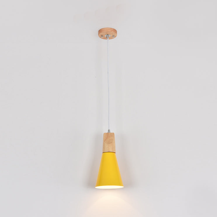 Modern Nordic Macaron Pendant Light Wooden Tapered Hanging Lamp with Wrought Iron Shade