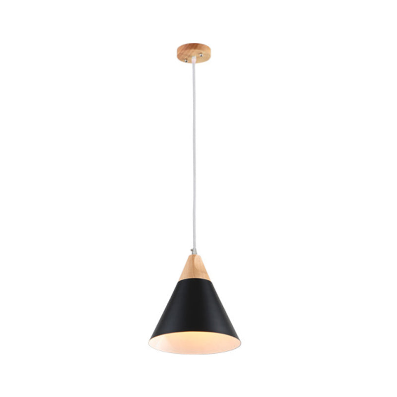 Modern Nordic Macaron Pendant Light Wooden Tapered Hanging Lamp with Wrought Iron Shade