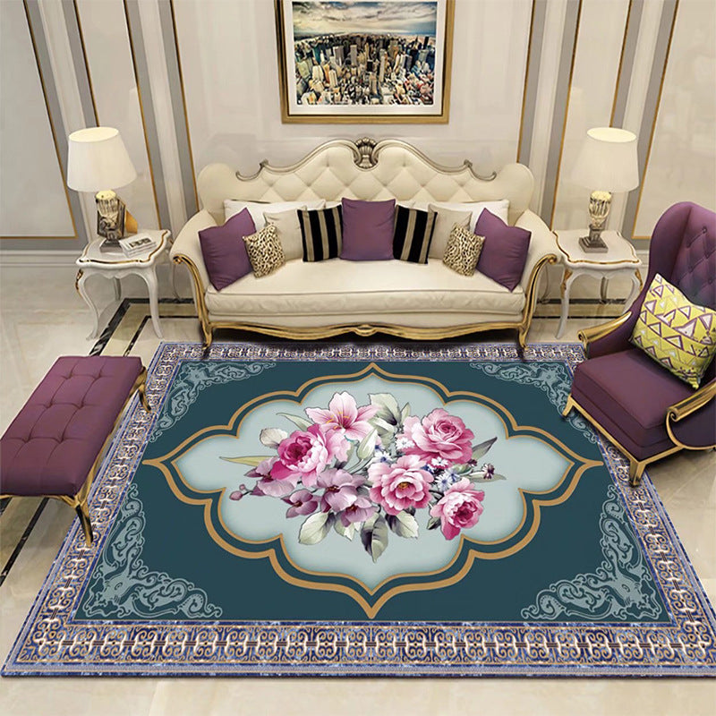Traditional Flower Printed Carpet Polyester Area Rug Non-Slip Backing Indoor Carpet for Living Room