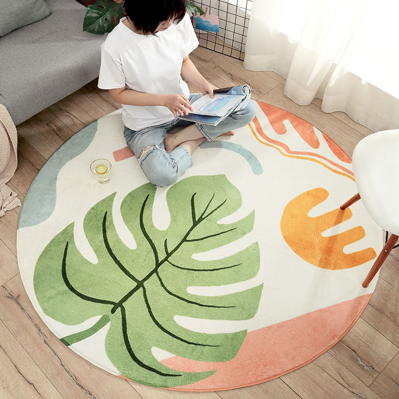 Round Palm Leaves Print Carpet Polyester Modern Indoor Rug Non-Slip Backing Carpet for Living Room