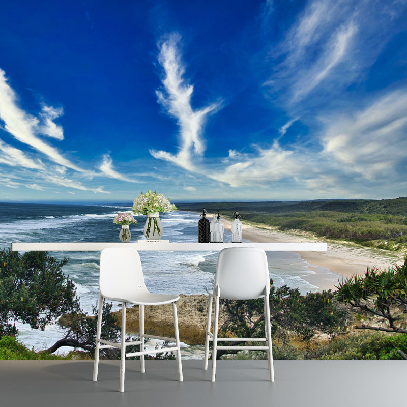 Blue Beach View Mural Wallpaper for Sitting Room, Custom Size Available