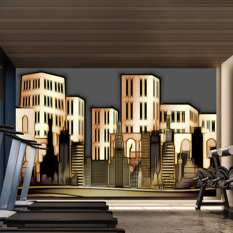 City Building Illustration Moisture Resistant Mural Wallpaper for Meeting Room