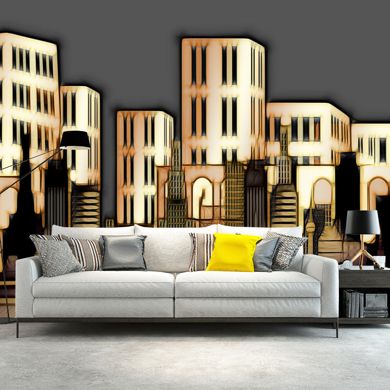 City Building Illustration Moisture Resistant Mural Wallpaper for Meeting Room