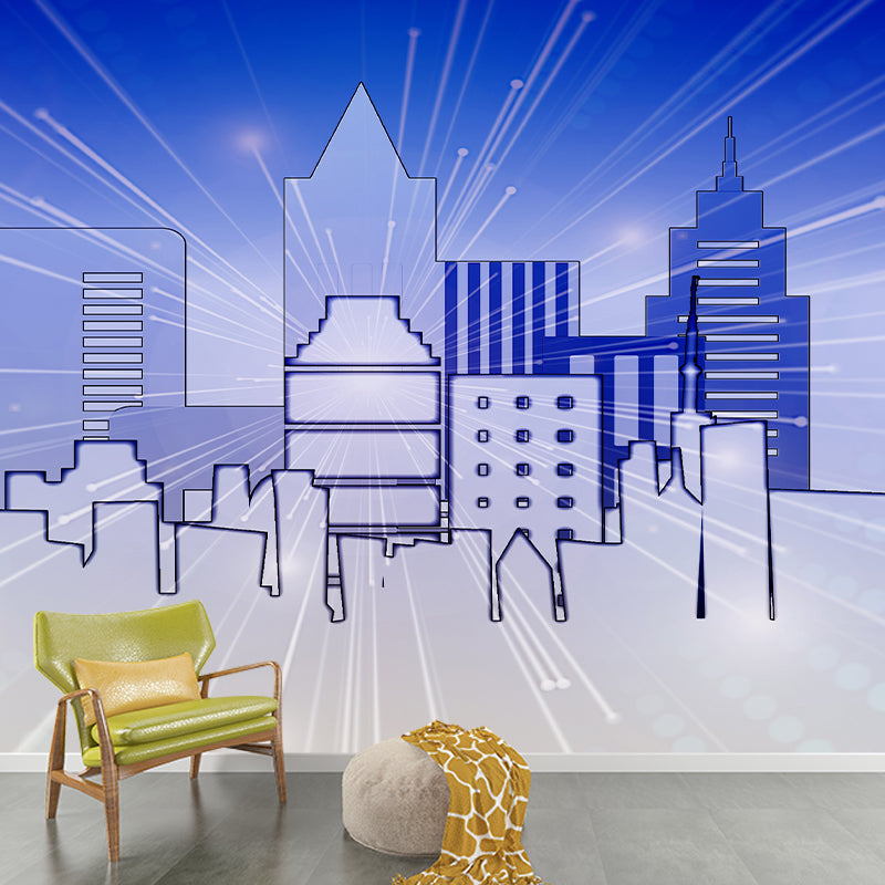 City Building Illustration Moisture Resistant Mural Wallpaper for Meeting Room
