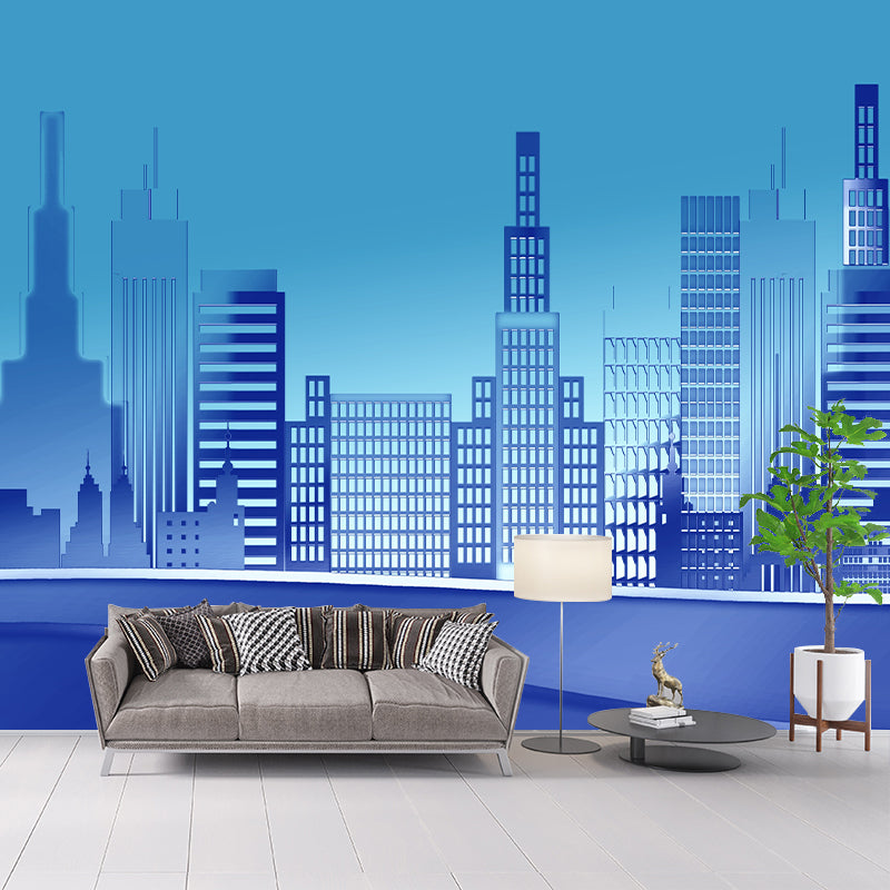 Modern City Building Illustration Wall Mural for Living Room, Custom Size Available