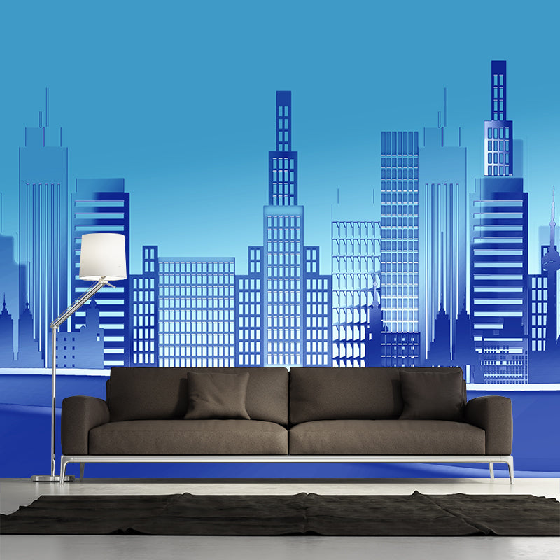 Modern City Building Illustration Wall Mural for Living Room, Custom Size Available