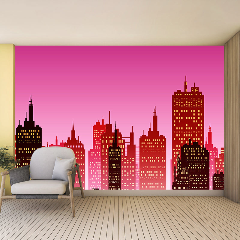 Modern City Building Illustration Wall Mural for Living Room, Custom Size Available