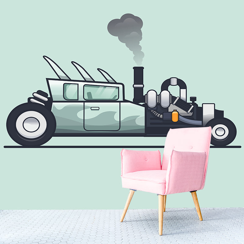 Car Illustration Mural Wallpaper Stain Resistant for Sitting Room, Custom Size Available