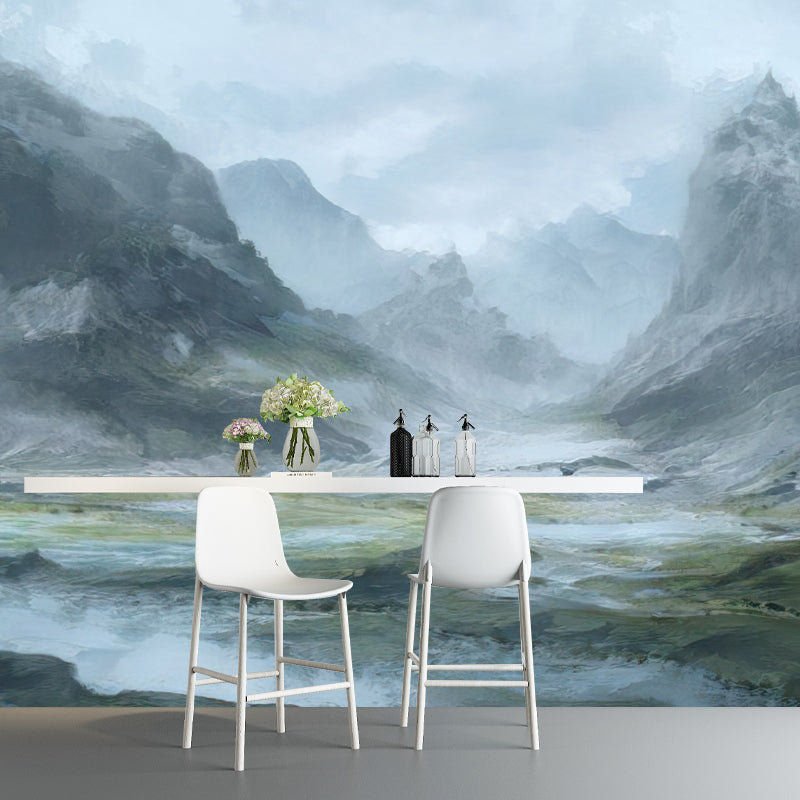Mountain Landscape Illustration Mural Wallpaper Water-Resistant Wall Art for Sitting Room