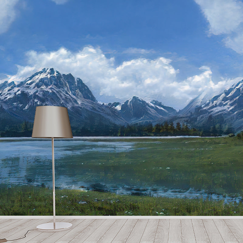 Mountain Landscape Illustration Mural Wallpaper Water-Resistant Wall Art for Sitting Room