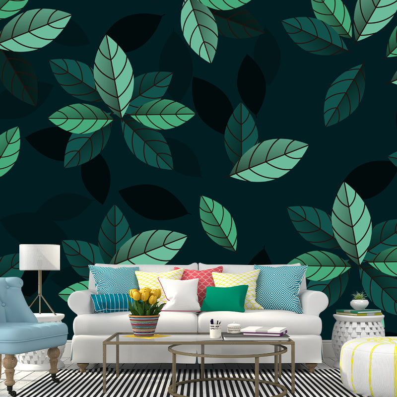 Leaf Plant Illustration Mural Wallpaper Stain-Resistant Wall Covering for Reading Room