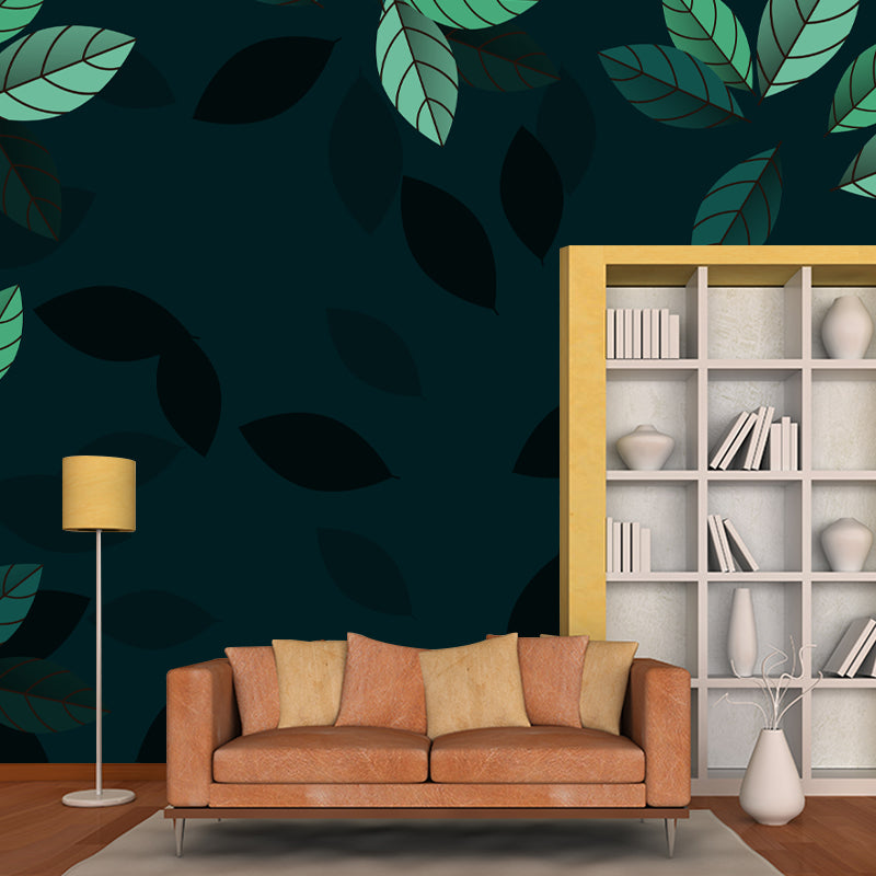 Leaf Plant Illustration Mural Wallpaper Stain-Resistant Wall Covering for Reading Room