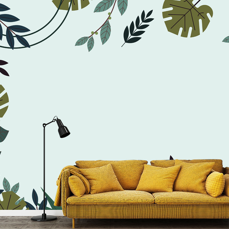 Leaf Plant Illustration Mural Wallpaper Stain-Resistant Wall Covering for Reading Room