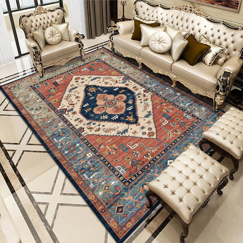 Antique Washable Carpet Retro Floral Print Rug Polyester Non-Slip Backing Carpet for Living Room