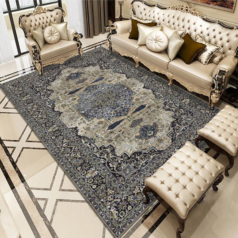 Antique Washable Carpet Retro Floral Print Rug Polyester Non-Slip Backing Carpet for Living Room