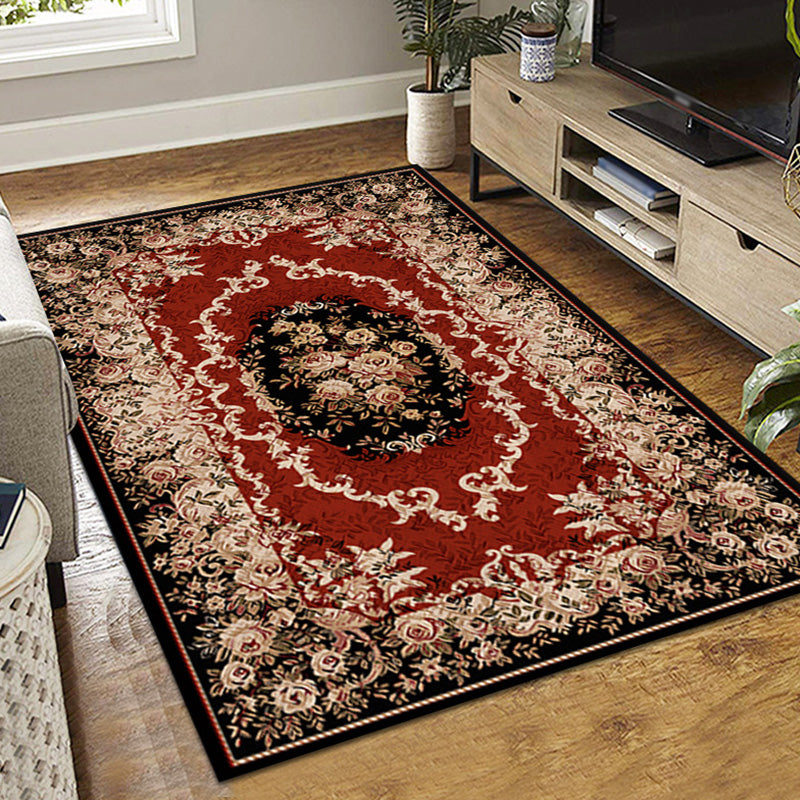 Dark Red Victorian Rug Polyester Graphic Rug Non-Slip Backing Rug for Living Room