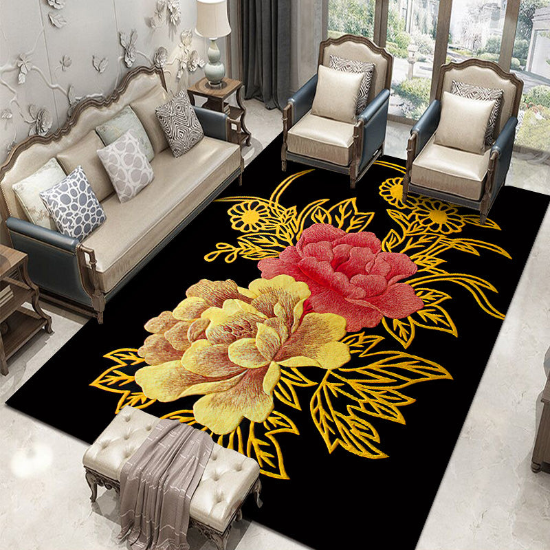 Black Oriental Area Carpet Flower Print Polyester Area Rug Stain Resistant Rug for Home Decor