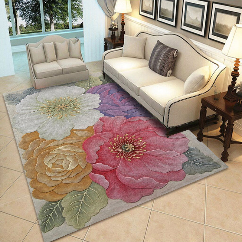 Black Oriental Area Carpet Flower Print Polyester Area Rug Stain Resistant Rug for Home Decor