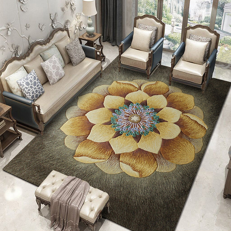 Black Oriental Area Carpet Flower Print Polyester Area Rug Stain Resistant Rug for Home Decor