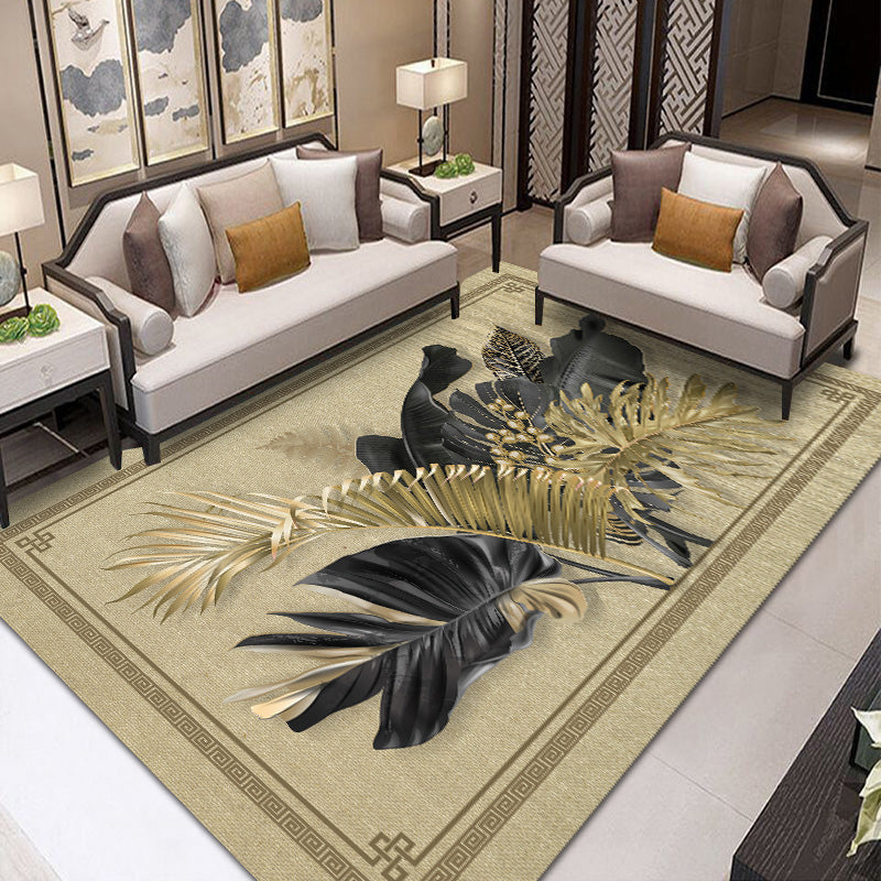 Black Oriental Area Carpet Flower Print Polyester Area Rug Stain Resistant Rug for Home Decor
