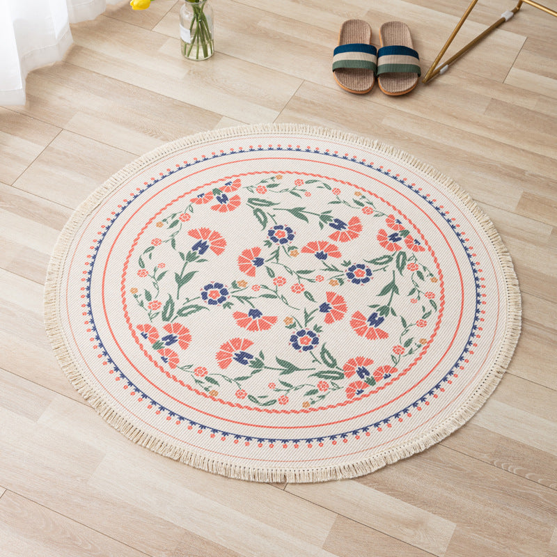Fancy Bohemian Area Carpet Beige Polyester Area Rug Easy Care Fringe Rug for Living Room