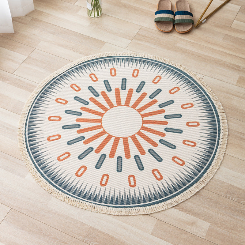 Fancy Bohemian Area Carpet Beige Polyester Area Rug Easy Care Fringe Rug for Living Room