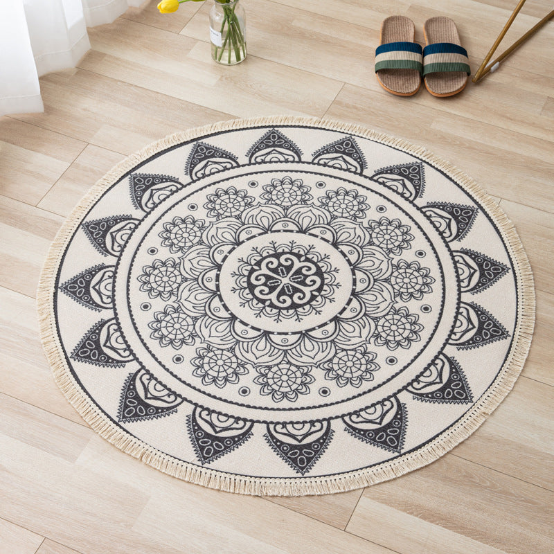 Fancy Bohemian Area Carpet Beige Polyester Area Rug Easy Care Fringe Rug for Living Room