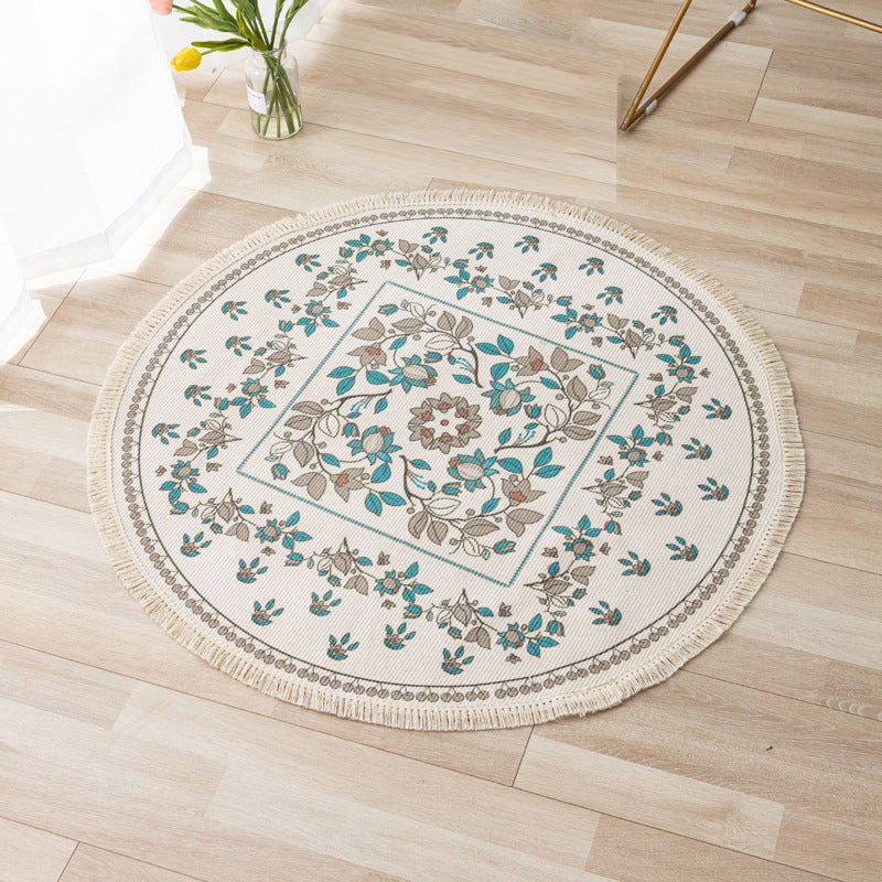 Fancy Bohemian Area Carpet Beige Polyester Area Rug Easy Care Fringe Rug for Living Room