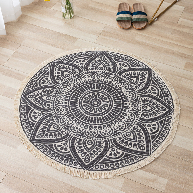 Fancy Bohemian Area Carpet Beige Polyester Area Rug Easy Care Fringe Rug for Living Room