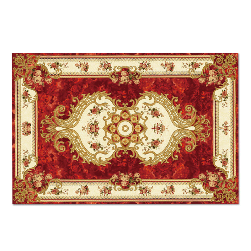Red Living Room Area Rug Polyester European-Style Area Carpet Anti-Slip Washable Rug