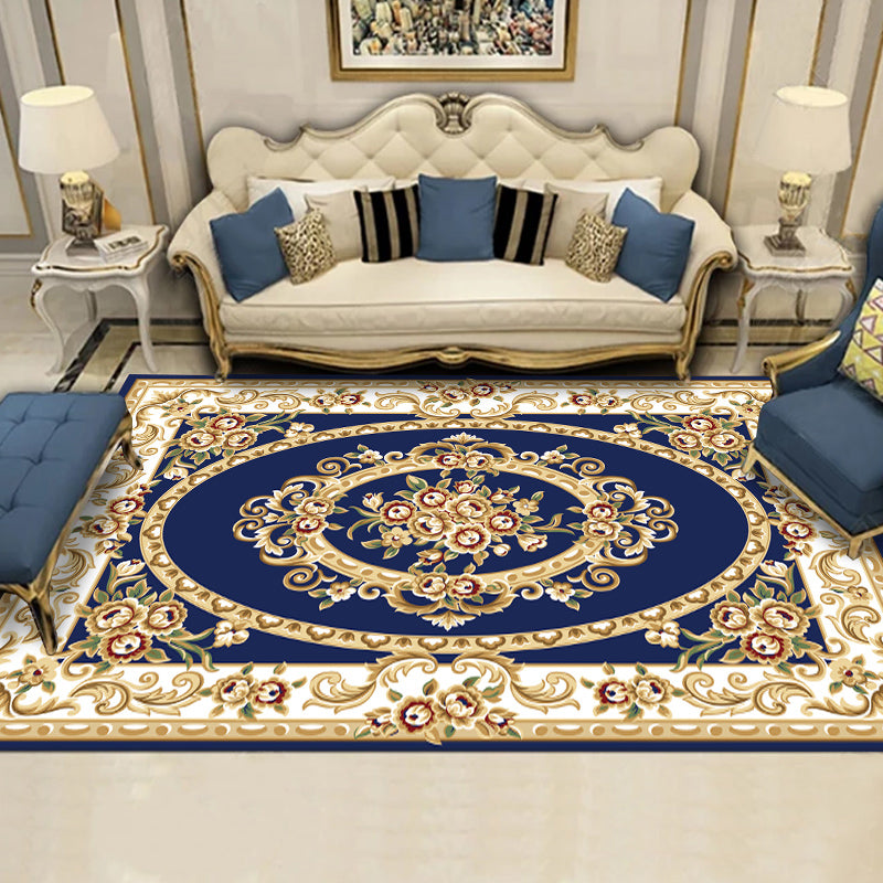 Blue European Style Area Carpet Floral Pattern Polyester Rug Anti-Slip Washable Rug for Home Decor