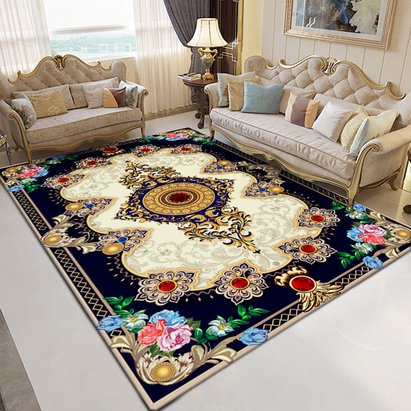Blue European Style Area Carpet Floral Pattern Polyester Rug Anti-Slip Washable Rug for Home Decor