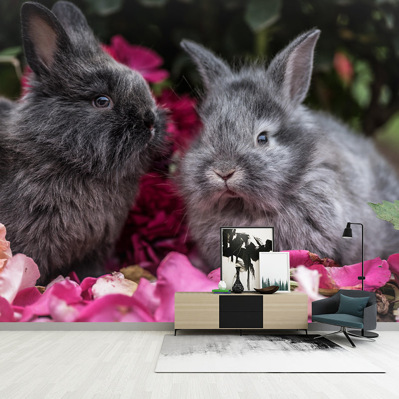 Beautiful Rabbit Mural Wallpaper Stain Resistant Wall Covering for Living Room