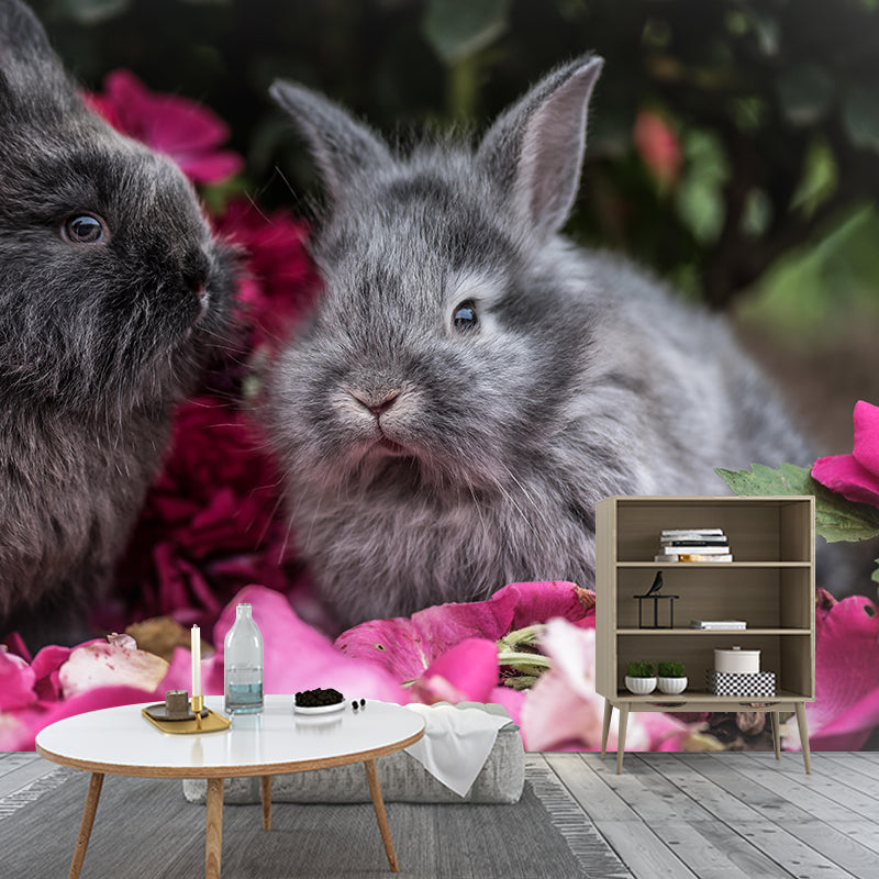 Beautiful Rabbit Mural Wallpaper Stain Resistant Wall Covering for Living Room