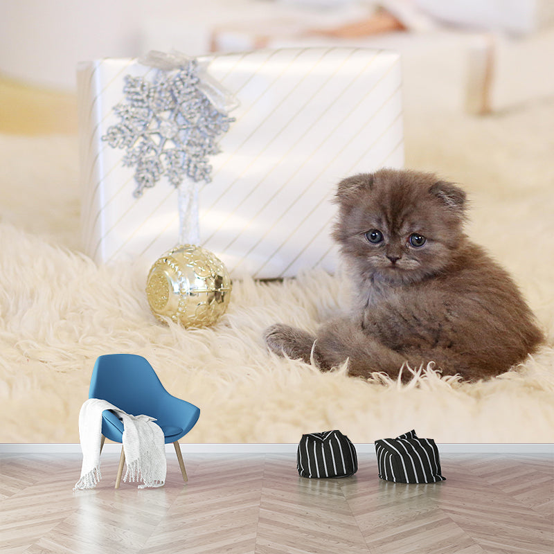 Lovely Kitten Mural Wallpaper Stain Resistant Wall Covering for Sitting Room