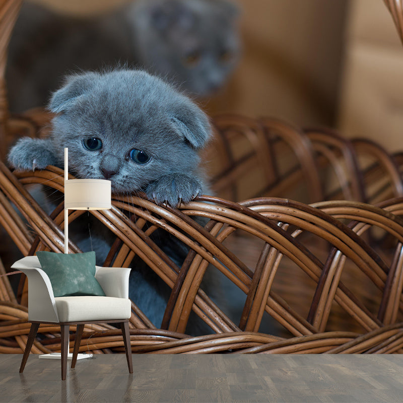 Lovely Kitten Mural Wallpaper Stain Resistant Wall Covering for Sitting Room