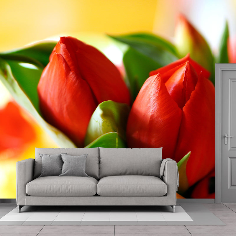Tulip Blooming Mural Wallpaper Stain Resistant Wall Covering for Sitting Room