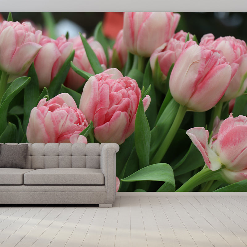 Tulip Blooming Mural Wallpaper Stain Resistant Wall Covering for Sitting Room