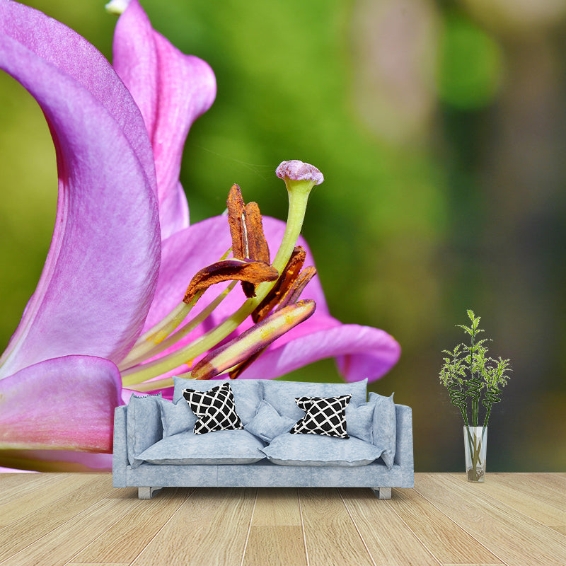 Lily Blooming Mural Wallpaper Stain Resistant Wall Covering for Sitting Room