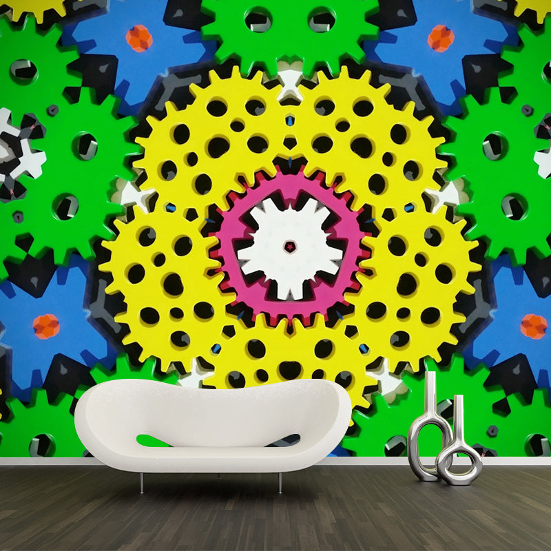 Metal Gear Illustration Wall Mural for Dining Room Moisture Resistant, Personalized Size Available