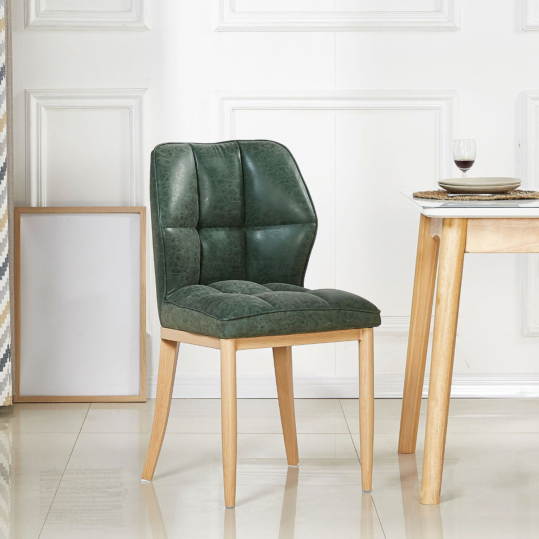 Sillas de comedor sin brazos de cuero, sillas laterales tapizadas modernas con patas de metal